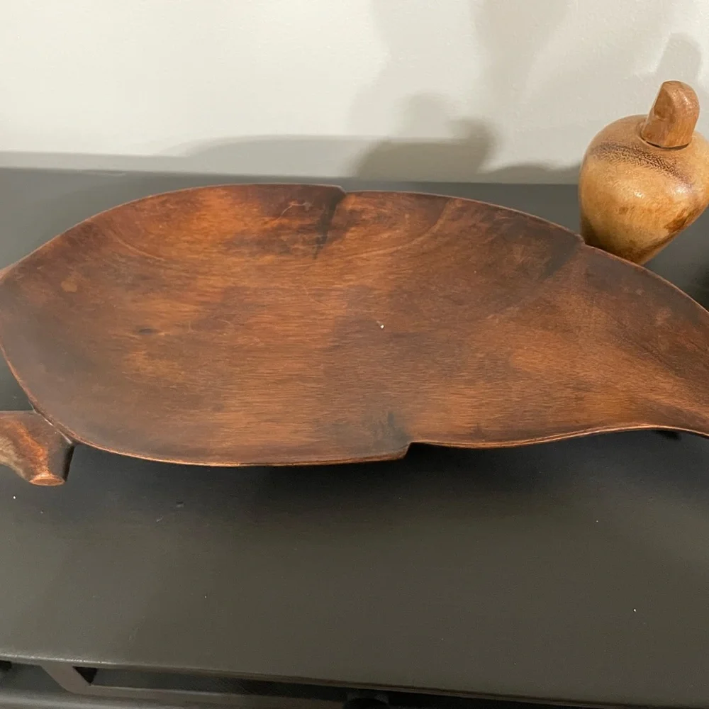 Vintage MCM Monkey Pod Wood Leaf Bowl and wooden fruit.Excellent retro - Picture 9 of 16